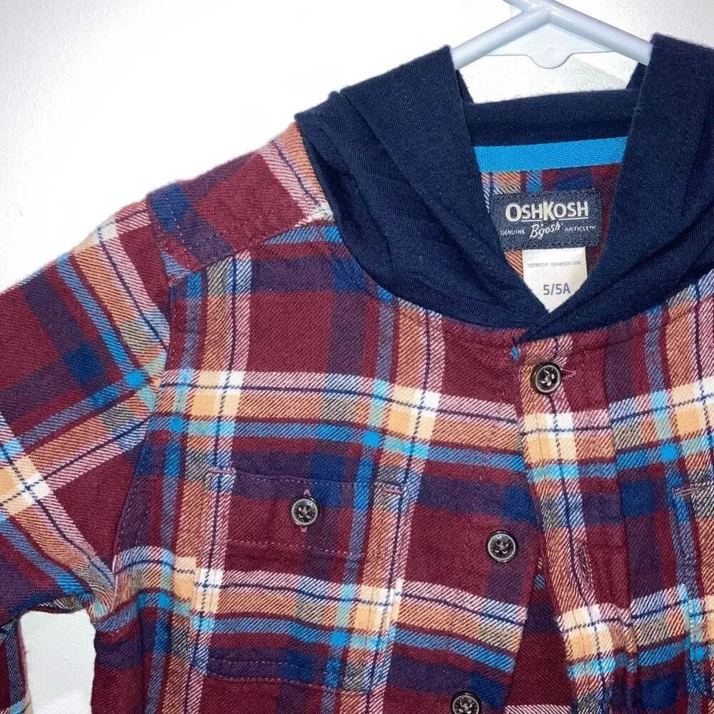OshKosh B'gosh Boys Hooded Plaid Flannel Shirt Size 5 Red Blue Button Front